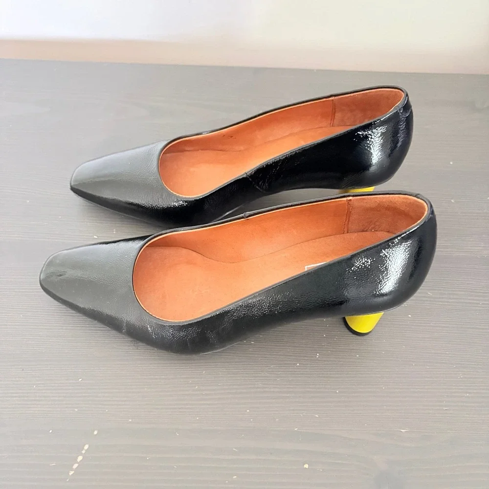 Ethem Pumps Block Heel 38 Black Patent Leather Made in Spain Mod Square Toe